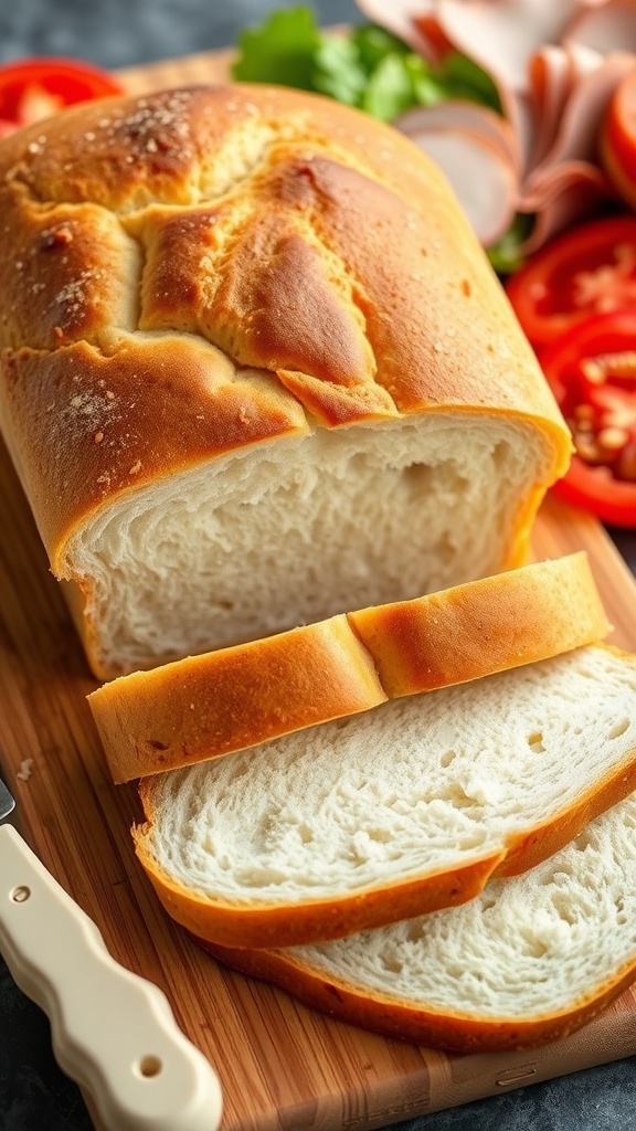 A loaf of homemade sandwich bread sliced on a cutting board with toppings in the background.
